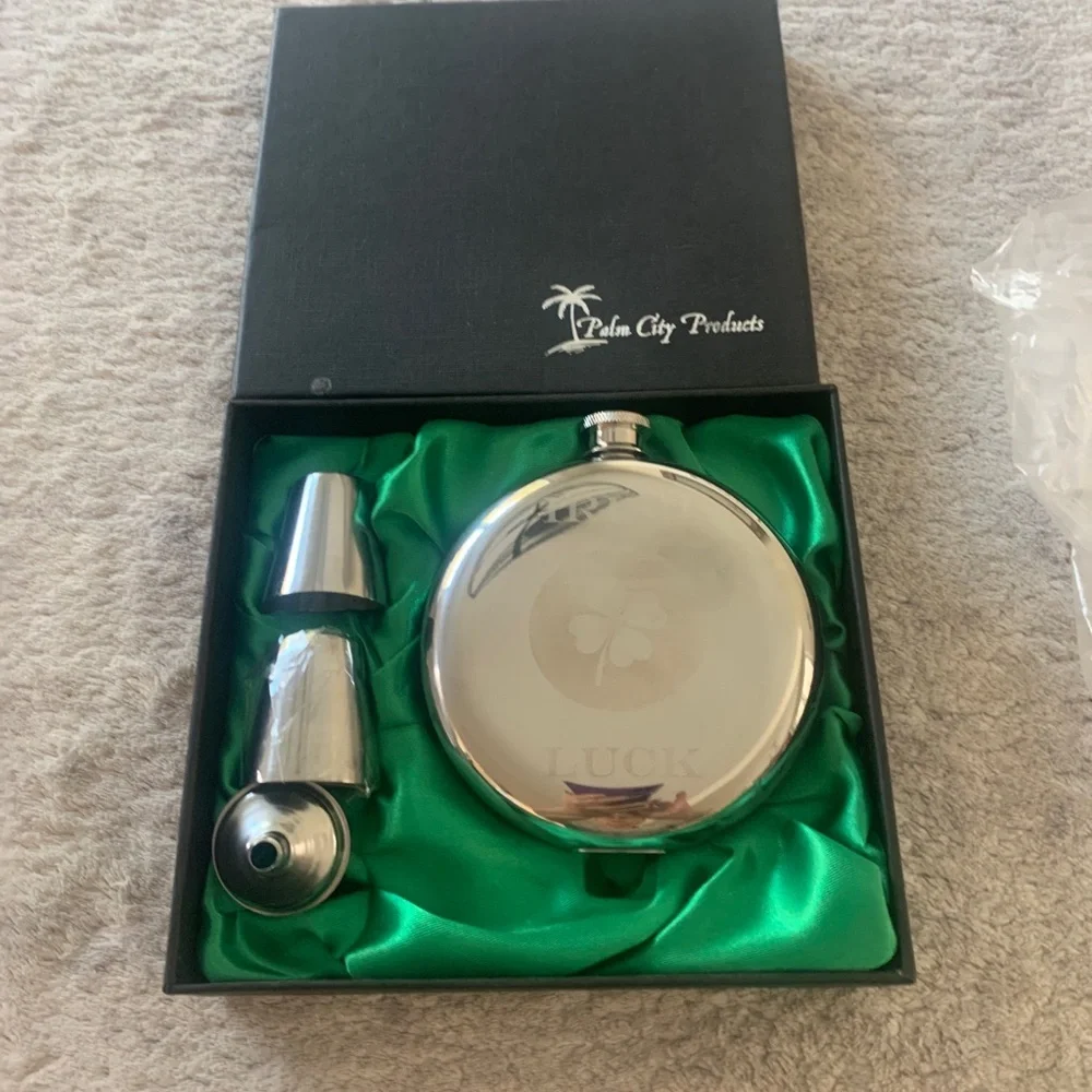 Flask Set With Shamrock And “Luck” Engraving